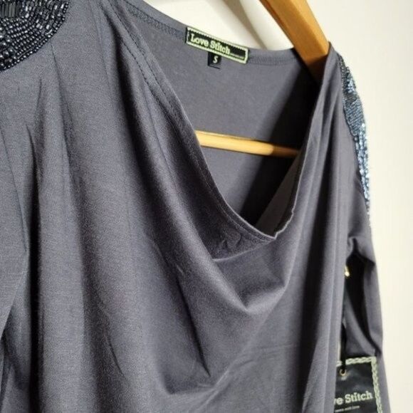 Lovestitch gray long-sleeved sequin cowl neck top size small - Picture 7 of 11